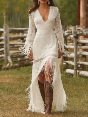 Lace Fringe V-Neck Maxi Dress